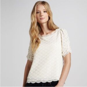 Joie Tullia Ruched Short Sleeve Ivory White Geometric Pattern Lace Top XS